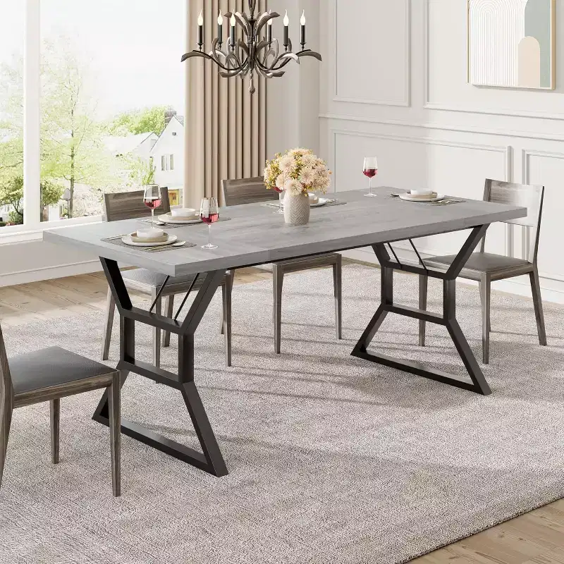 70.9in Industrial Farmhouse Long Dining Table for 6-8 People, Engineered Wood Top & Iron Frame, Cutout Design for Kitchen, Dining Room