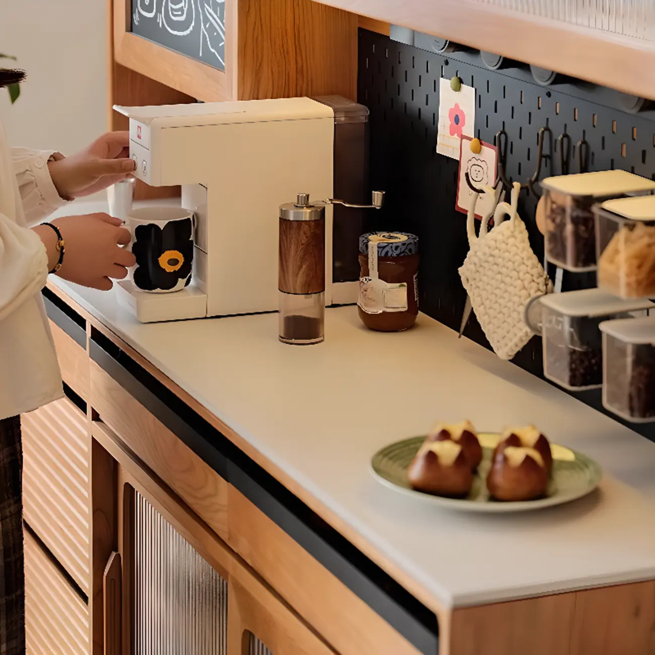 Modern Wood Sideboard with Cabinets and Stone Top
