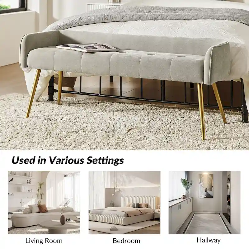 Luis Modern Upholstered Low Back Bench with Sturdy Golden Metal Tapered Leg by HULALA HOME