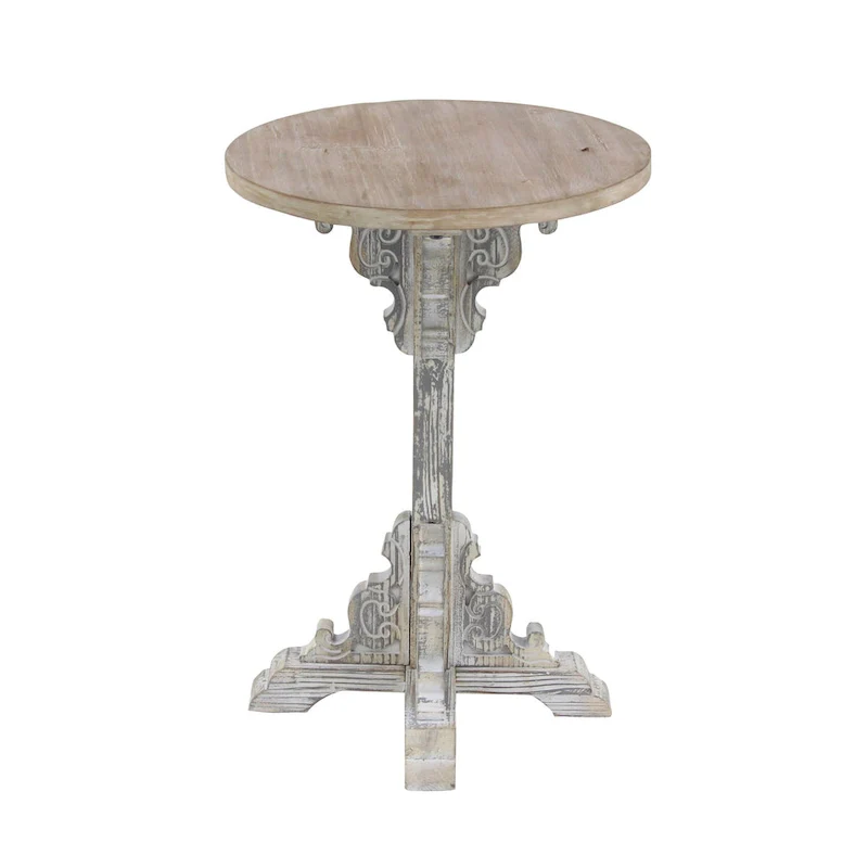Wood Scroll Intricately Carved Accent End Table, Rustic Brown Gray Cream Side Table