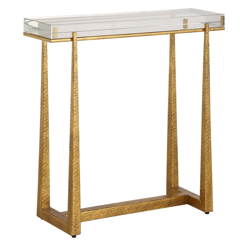 Thick Crystal Top End Accent Table - 24  - Antique Gold