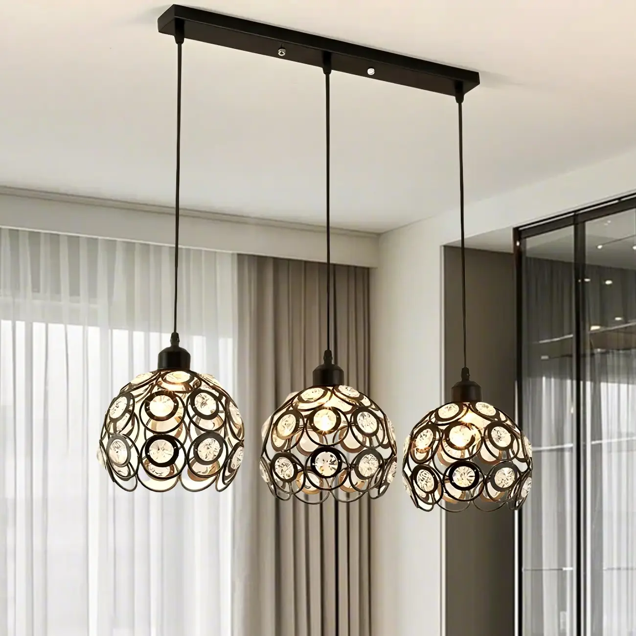 Modern 3-Light Round Crystal Black Metal Dome Pendant Light