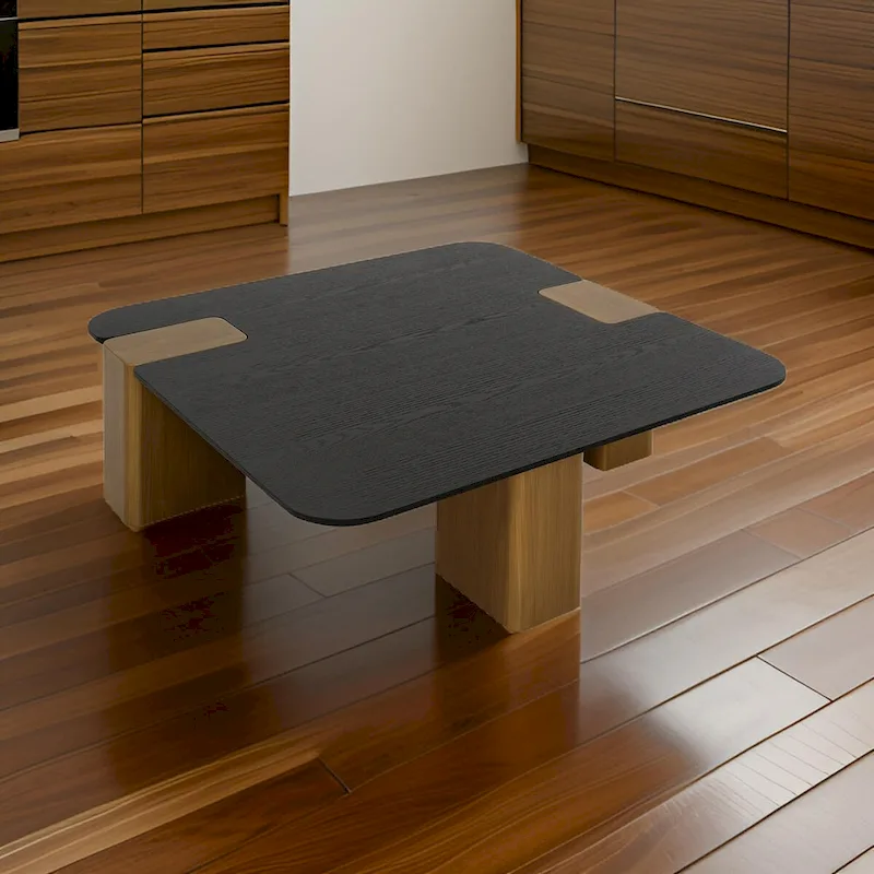 39 Inch Coffee Table, Square Black Veneer, Brushed Gold Block Legs