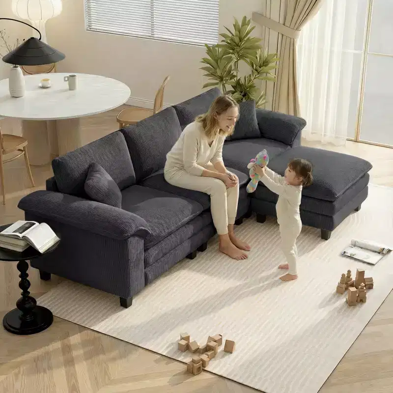 HOMCOM Sectional Sofa, L Shaped Couch with Deep Seat, Movable Ottoman and Pillow-top Armrests