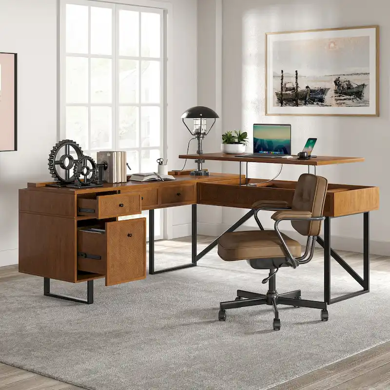 Alfons Industrial L-shaped Lift Top Cane Executive Office Desk with Drawers and Built-In Outlets by