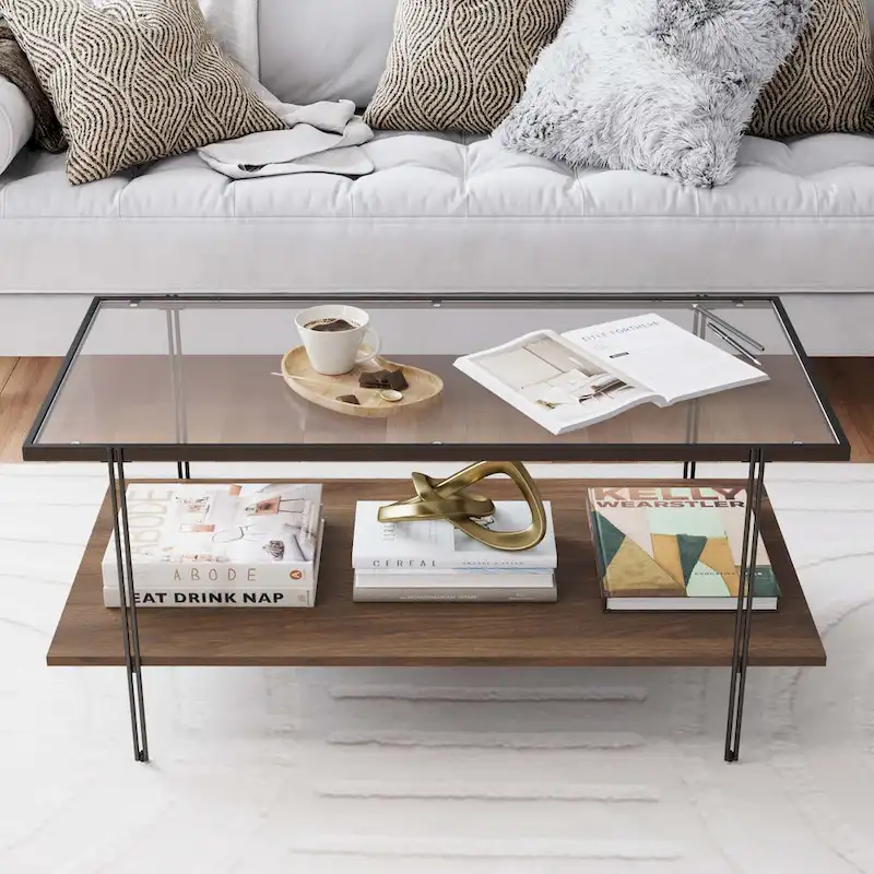 Mid-Century Coffee Table with Glass Top and Oak Shelf