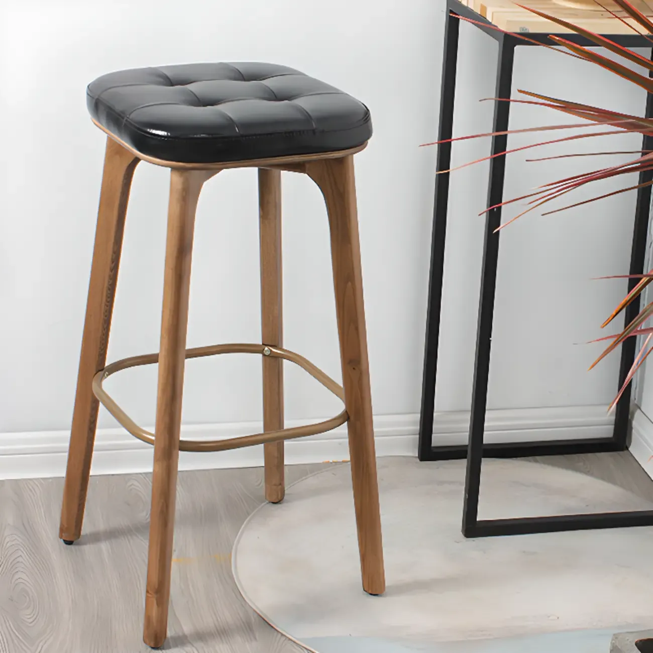 Scandinavian Wood Tufted Leatherette Bar Stools Backless