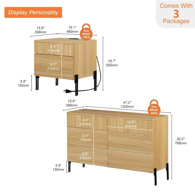 WAMPAT 3-Piece Modern Bedroom Set, 47 Fluted Dresser with 6 Drawers & 2 Nightstands with Charging Station, Oak