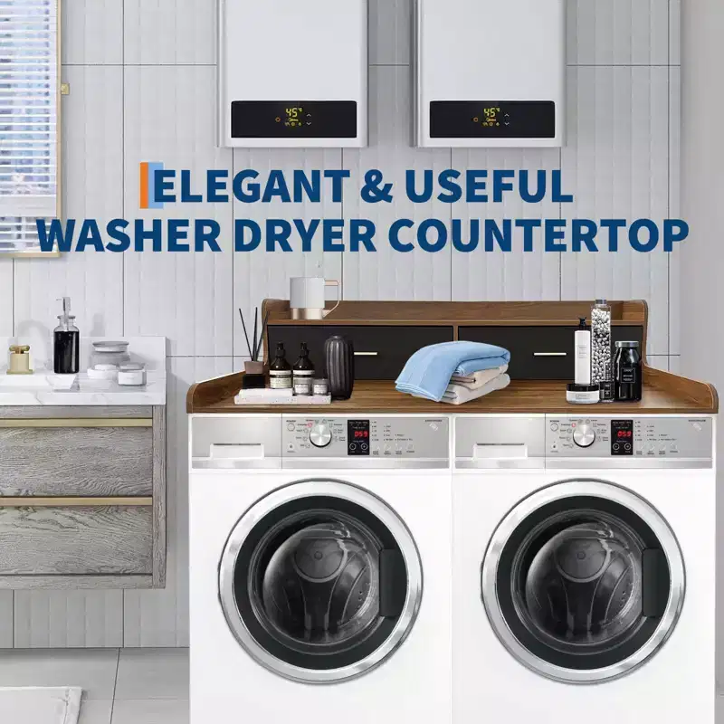 Laundry Countertop, 2-Tier Washer Dryer Countertop with 2 Drawers - 2.75'' Edge Rails, Waterproof Wood, Anti-Slip Pads (54''W27.55''D)