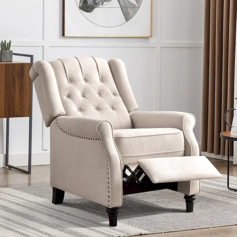 Push Back Recliner with Tufted Back and Wooden Legs