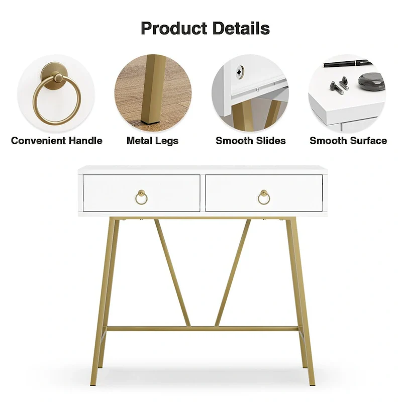 Anmytek Modern Home Office Desk 35.4 Makeup Vanity Table White 2 Drawers Writing Computer Desk with Golden Legs