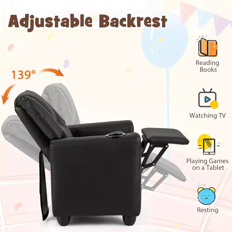 Kids Recliner Chair with Cup Holder – Beige / Black / Brown / Pink, Push-Back Style, 1-Seat