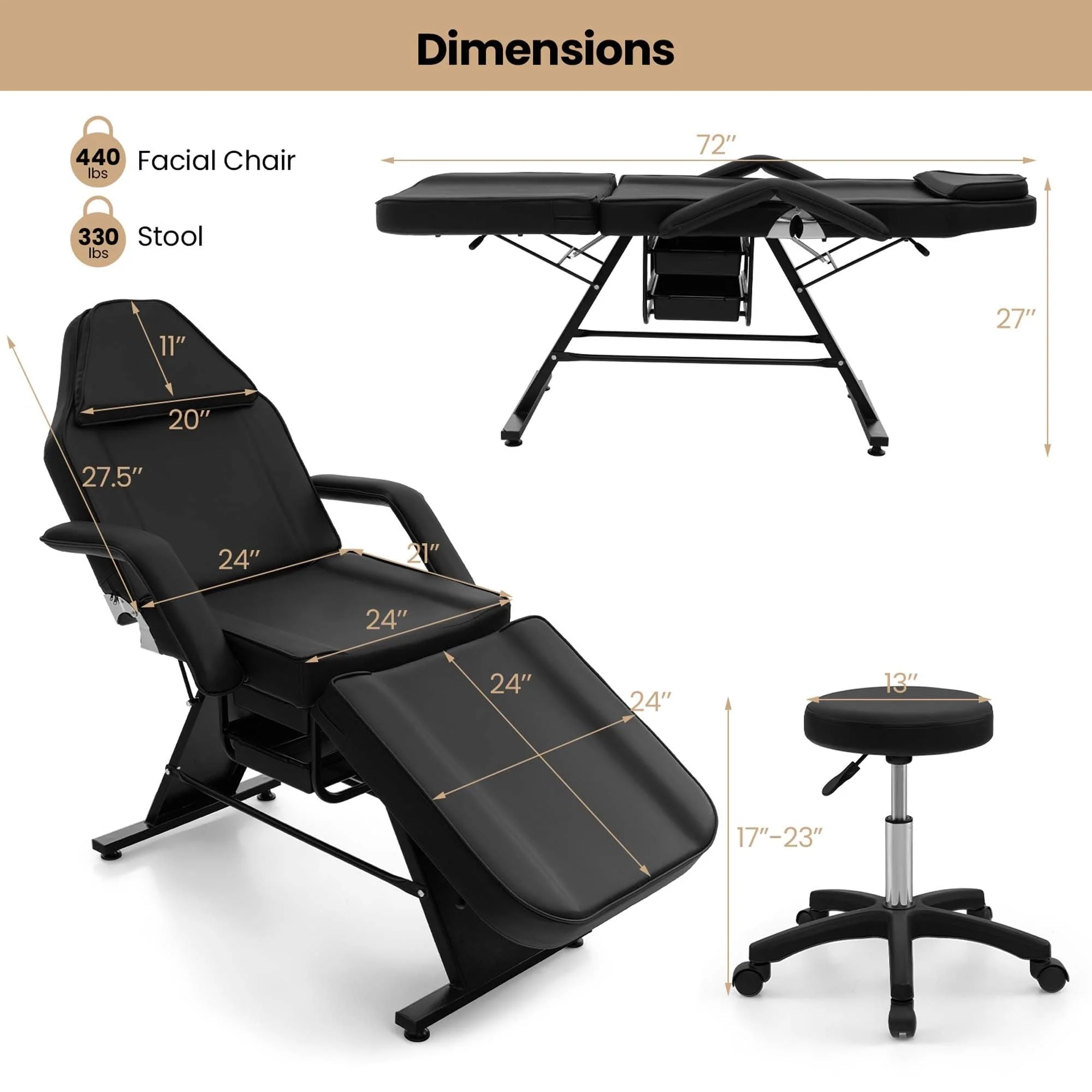 Costway 72 Massage Bed with Hydraulic Stool Adjustable Backrest &