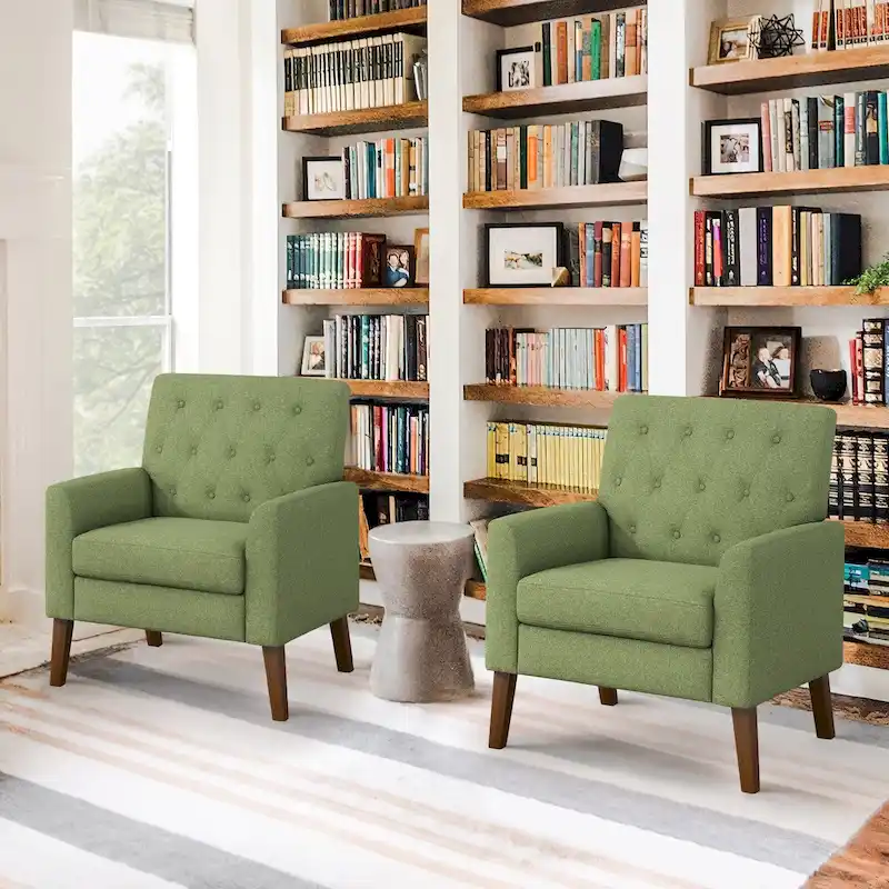 LUE BONA Modern Upholstered Accent Chair Linen Fabric Button Tufted Armchair with Solid Wood Frame - 28.5 W X 27.25 D X 33.75 H