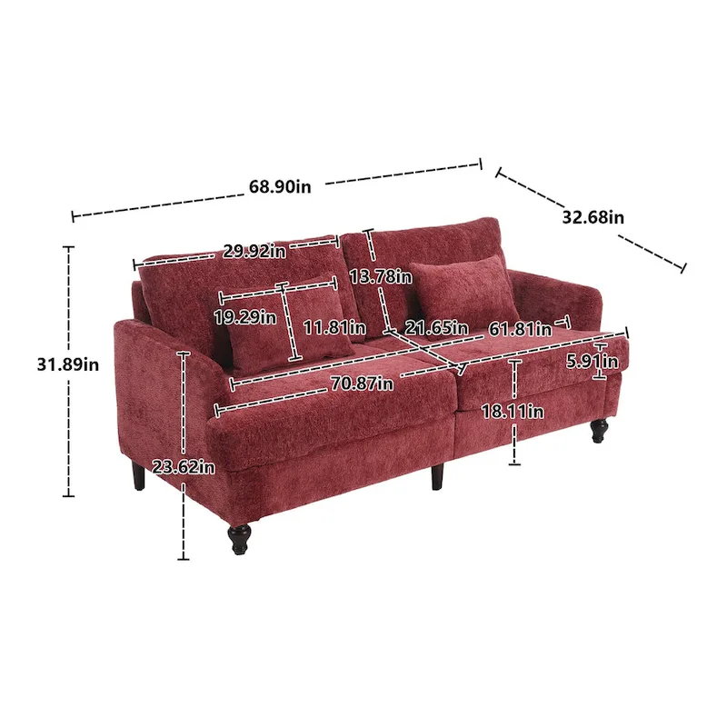 Red 68.9 Chenille 2-Seater Sofa with Detachable Cushions