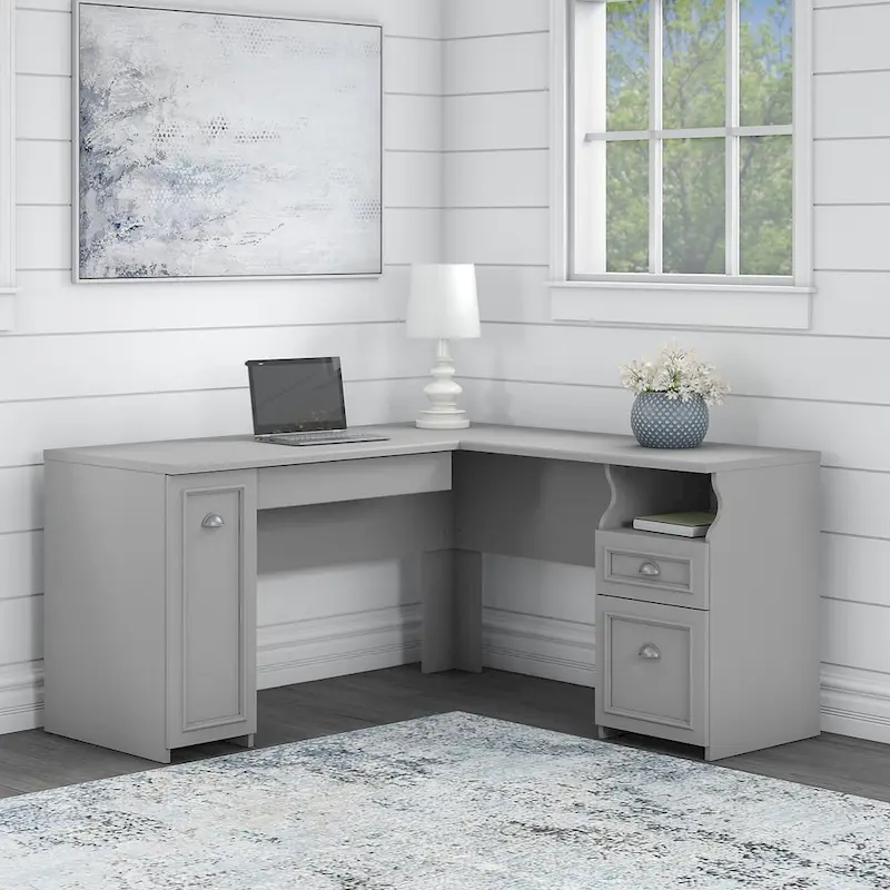 L-Shaped Desk, 60"W, 1 File Drawer, 1 Box Drawer, 1 Keyboard Tray, Storage Cabinet, Cape Cod Gray/Shiplap Gray