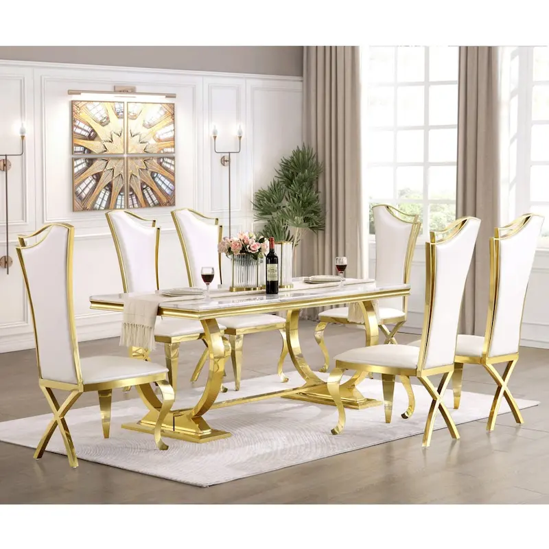 Luxury Dining Table with Polished Metal Circle Base - 72 Inch