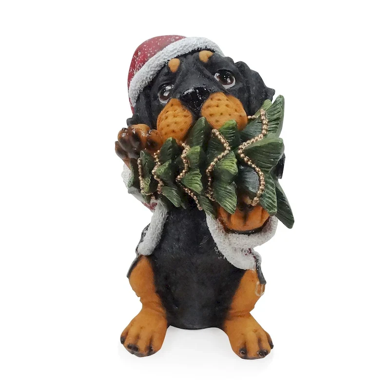 Christmas Santa Black and Tan Puppy Statue w/ Pine Tree - 11  H