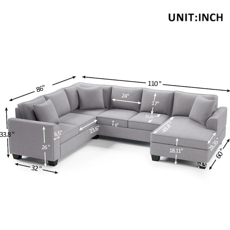 110*86 Sectional Sofa Upholstered Modern English Arm Classic U-shaped Sofa 3 Pillows Included