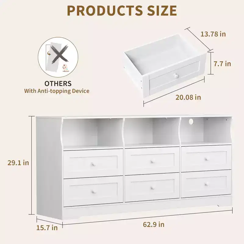 6-Drawer Dresser with RGB Lights & Power Outlet, Black / Gray / White