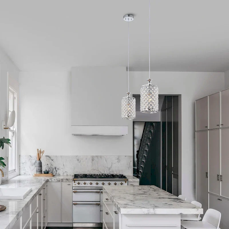 Chrome 1-Light Round Beaded Drum Pendant with Crystals