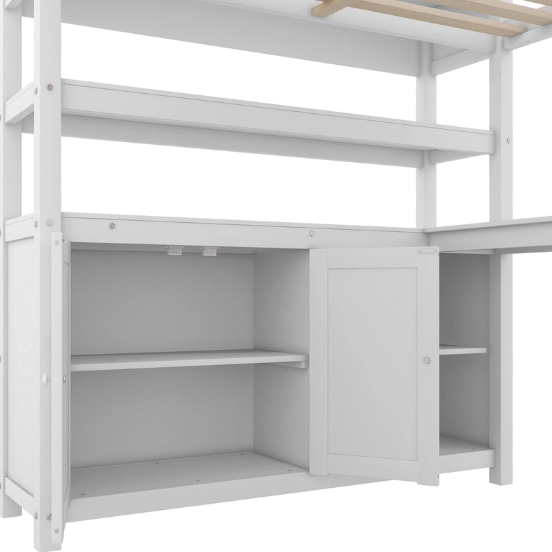 Wood Loft Bed with Cabinet and Bookshelf