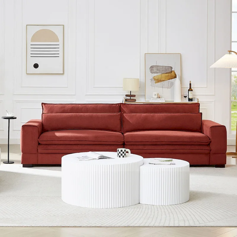 104 in Mid-Century Modern Fabric Sofa, Upholstered Sofa Couch with 2 Pillows, Solid Wood Legs