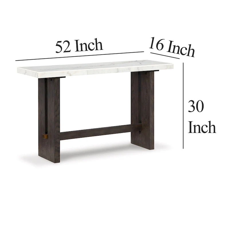 Haus Sofa Console Table, Marble Top, Panel legs, 52 Inch Brown Wood