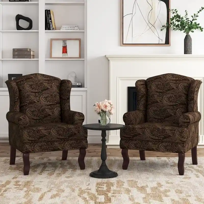 Set of 2 Elegant Living Room Wing Back Arm Chair Upholstered Accent Chair