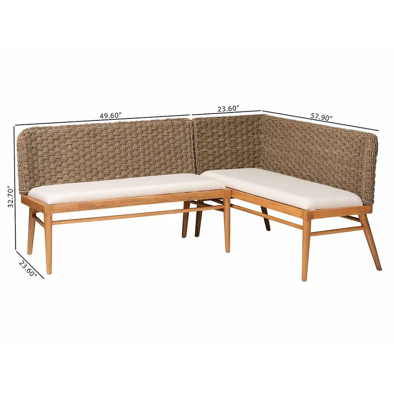Denver Modern Bohemian Natural Seagrass and Acacia Wood 2-Piece Dining Nook Banquette Set