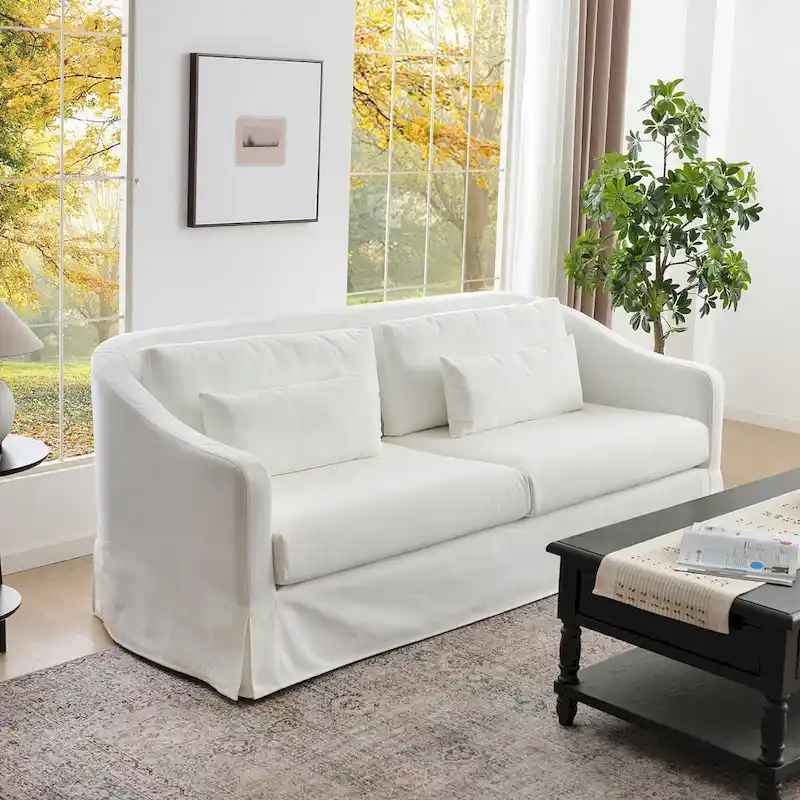 KINWELL 3-Seater Linen Slipcovered Sofa with 4 Pillows and Skirt, 90W