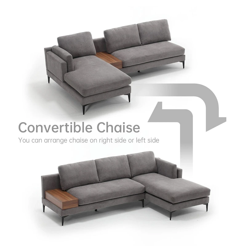 Modular U-shaped Linen Reversible Sofa with a Wooden Side Table Box and Reversible Design