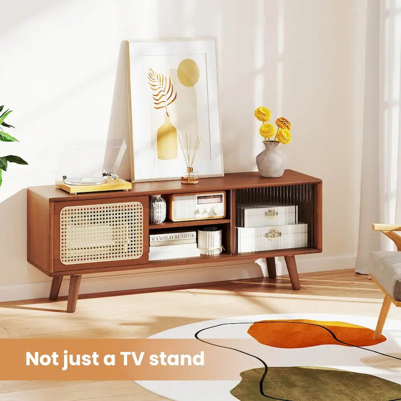 Costway Modern TV Stand Entertainment Center Media Console with Rattan