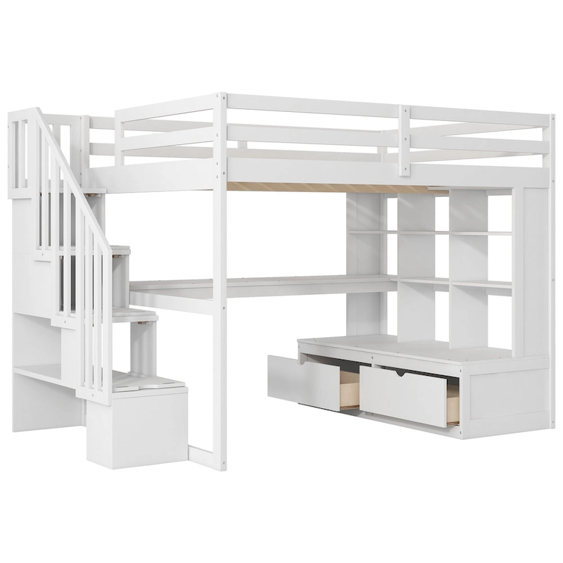 White Full Solid Wood Loft Bed with Desk & Drawers