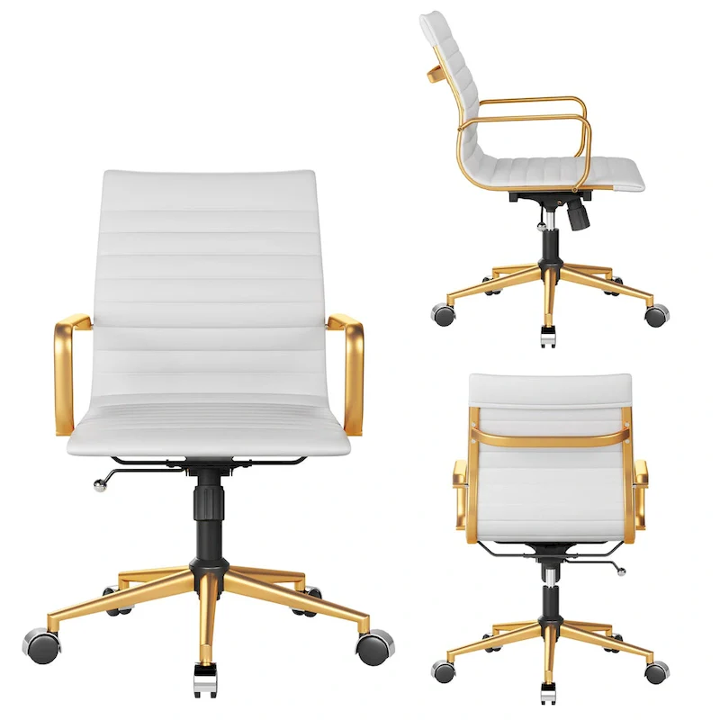 Ribbed Leatherite Office Chair with Chrome Frame, L-Shaped Arms and Swivel Base – Grey / White / Terracotta / Green / Brown / Black / Navy Blue / Gold & Navy Blue / Gold & Black / Gold & White, for 1 Person