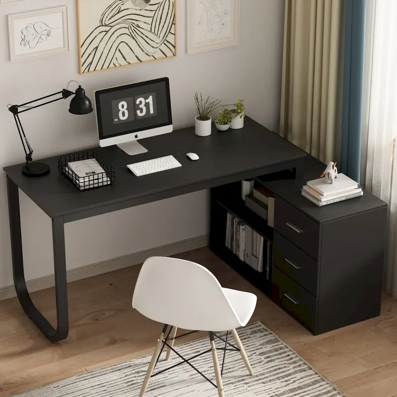 3-Drawer L-Shape Executive Desk Computer Tables With Storage Cabinet