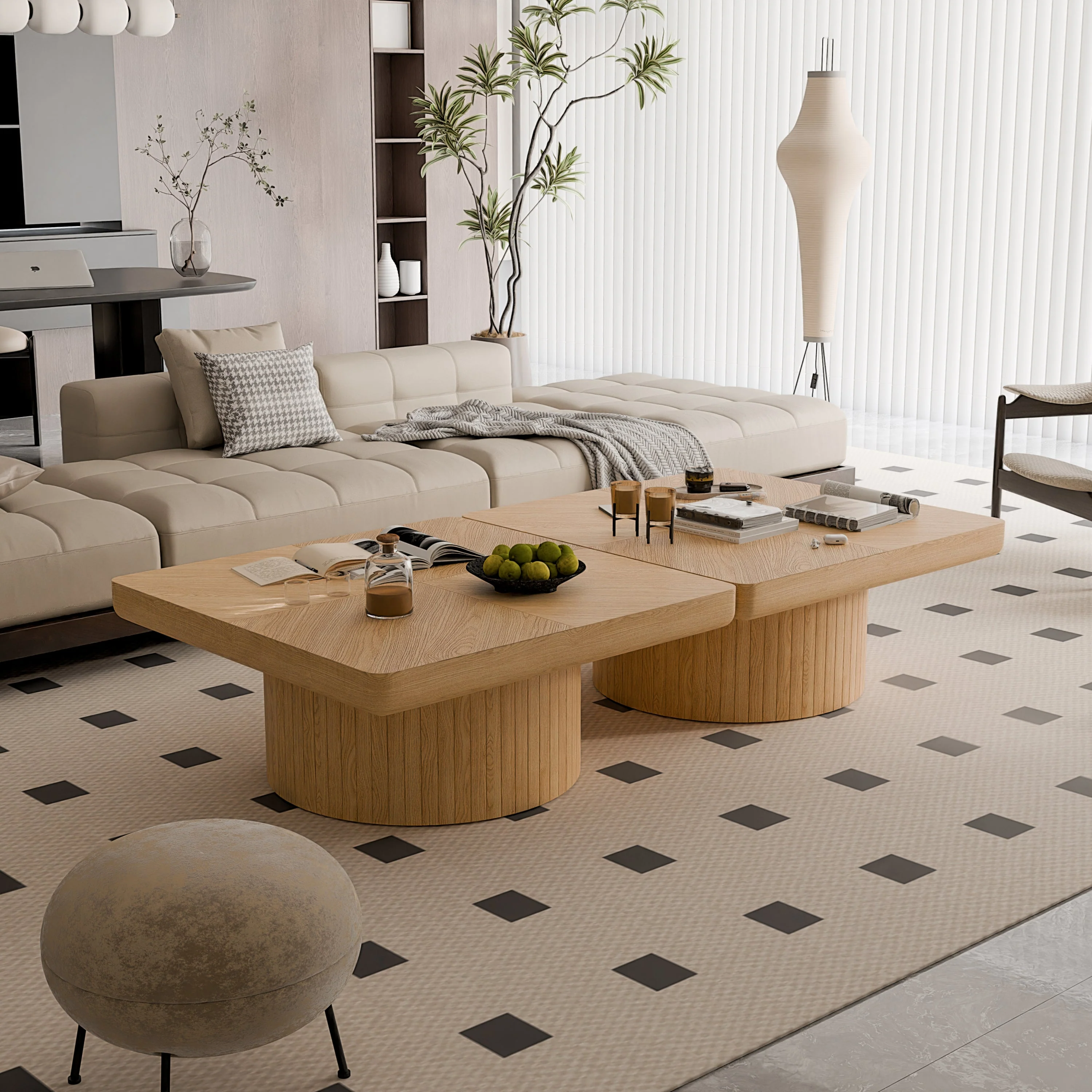 Modern Veneer 34.6'' Square Fluted Cylindrical Base Coffee Table