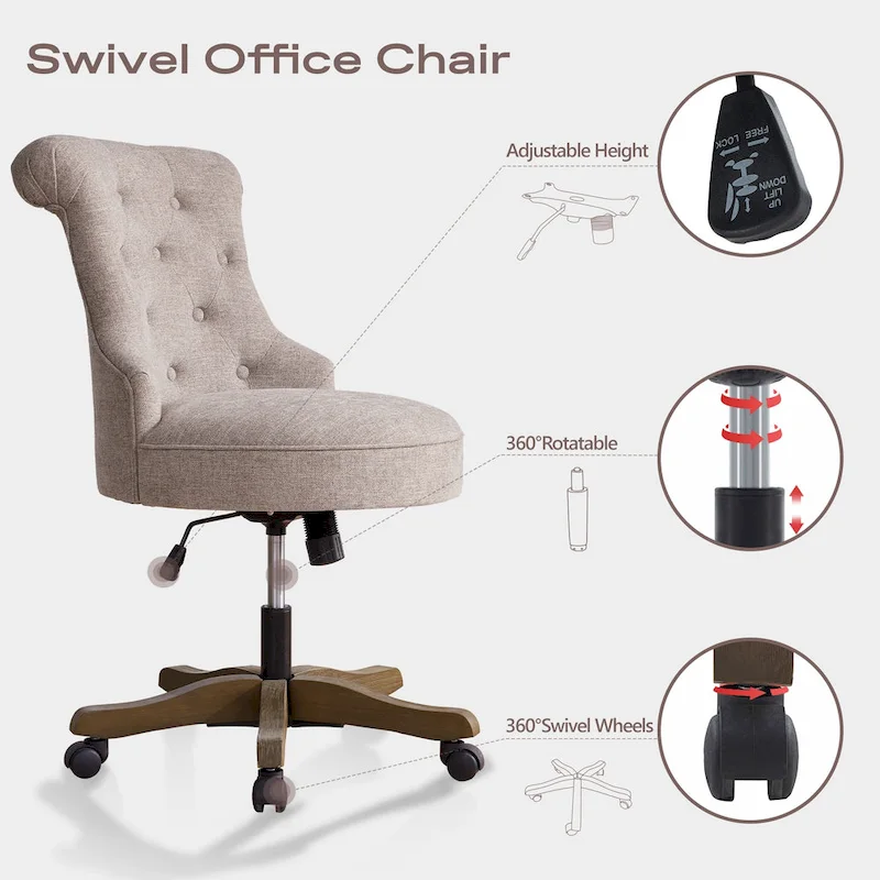Office Chair with Wheels, Adjustable Height, Linen Fabric Upholstered Computer Desk Chair Swivel
