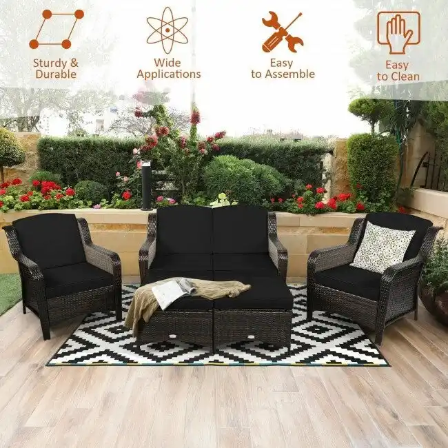 5 Pieces Patio Rattan Sofa Set with Cushion and Ottoman - 51 x 33.5 x 33 (L x W x H)