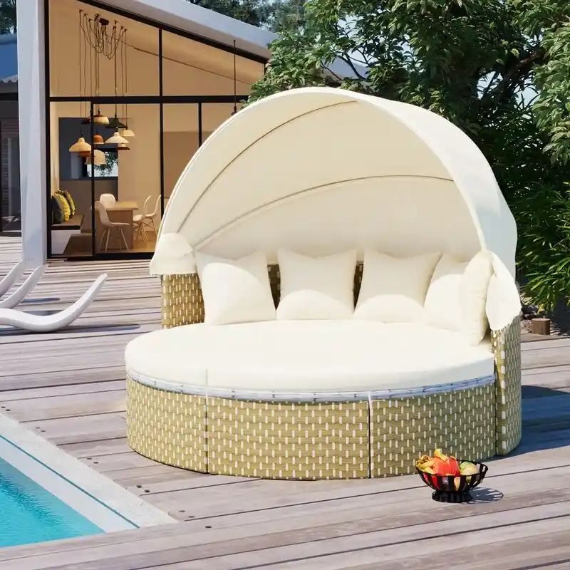 Round Patio Sectional Sofa Set  Two-Tone Rattan Daybed with Retractable Canopy & Modular Seating