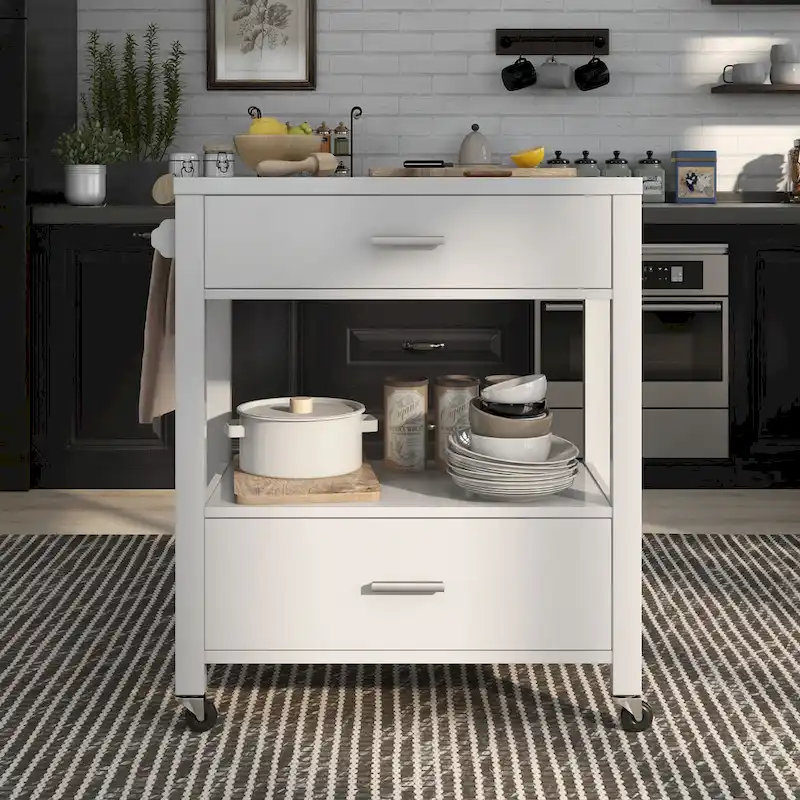 Modern 2-Drawer Caster Serving Cart with Towel Bar
