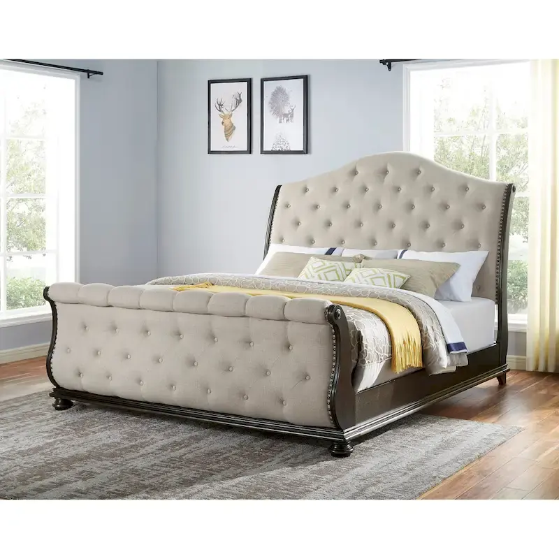 Beige Polyester Button-Tufted Sleigh Bed – King/Queen