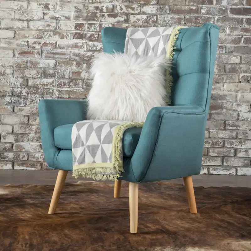 Modern 32.5 High Back Upholstered Button Tufted Wingback Chair with Rubber Wood Legs