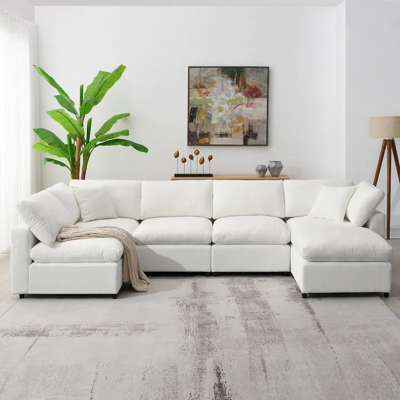 Beige 130 Chenille U-Shaped Sleeper Sectional Sofa, 6-Piece Modular Design