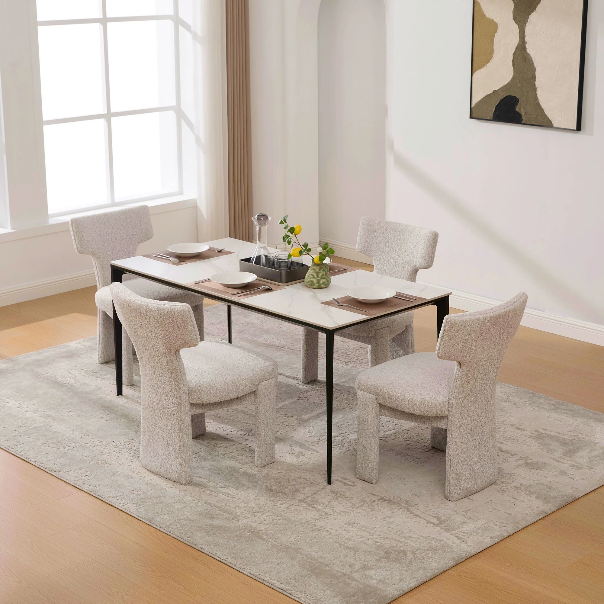 Curve Design Wide Modern Upholstered Chenille Dining Chair Set of 4