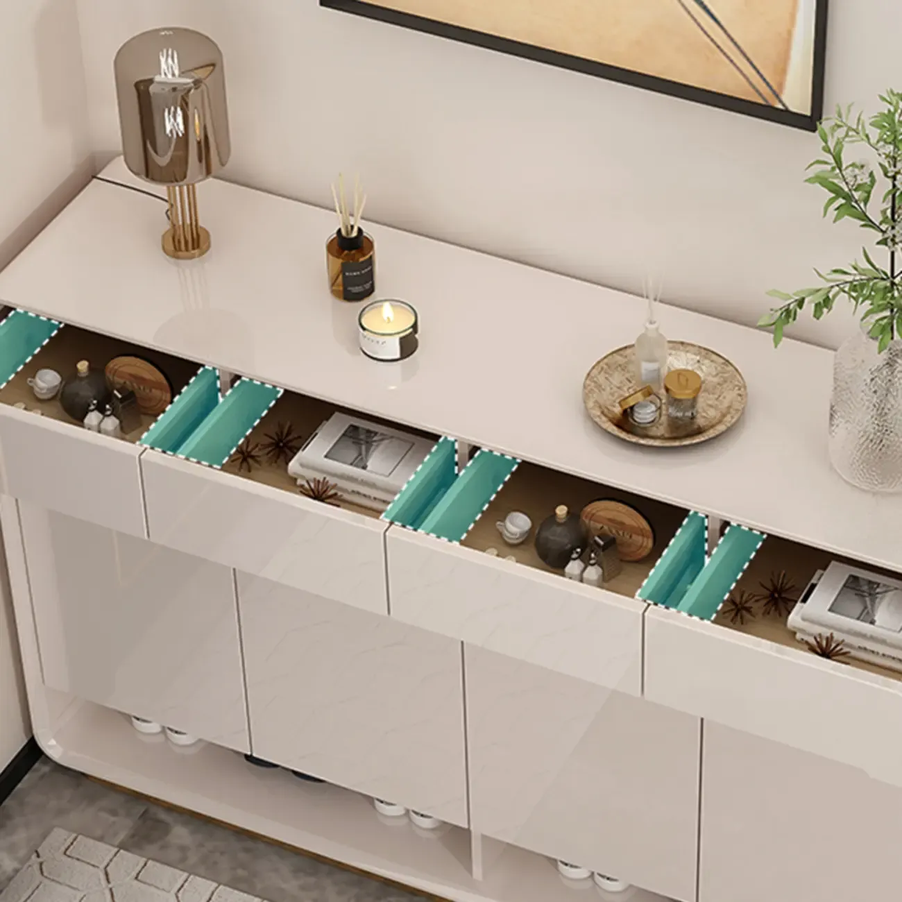 Glam Beige Solid Wood Shoe Cabinet with Display Top