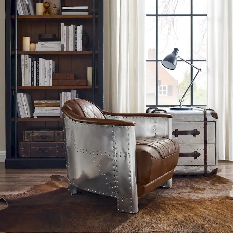 Art Leon IndustrIal Retro Top Grain Leather & Aluminum Accent Chair