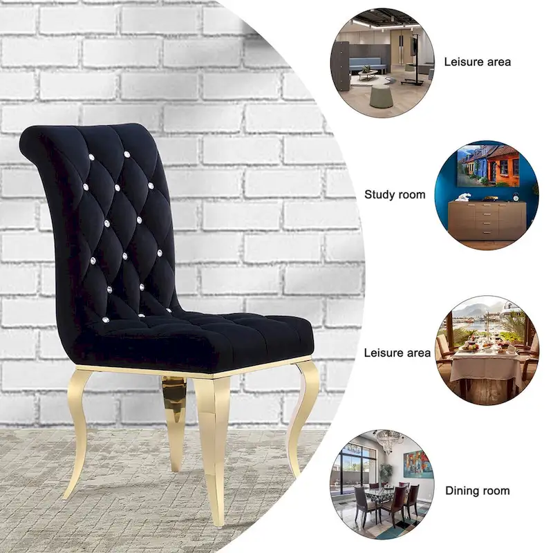 Black Buttons Tufted Dining Chairs with Gold Legs
