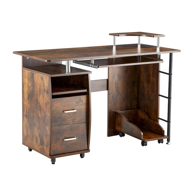 solid wood computer Desk,office table with PC droller,storage shelves and file cabinet,two drawers,CPU tray,a shelf