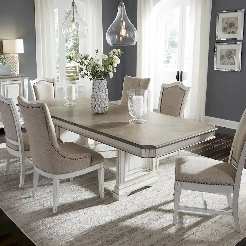 Abbey Park Antique White & Weathered Brown 7 Piece Trestle Table Set